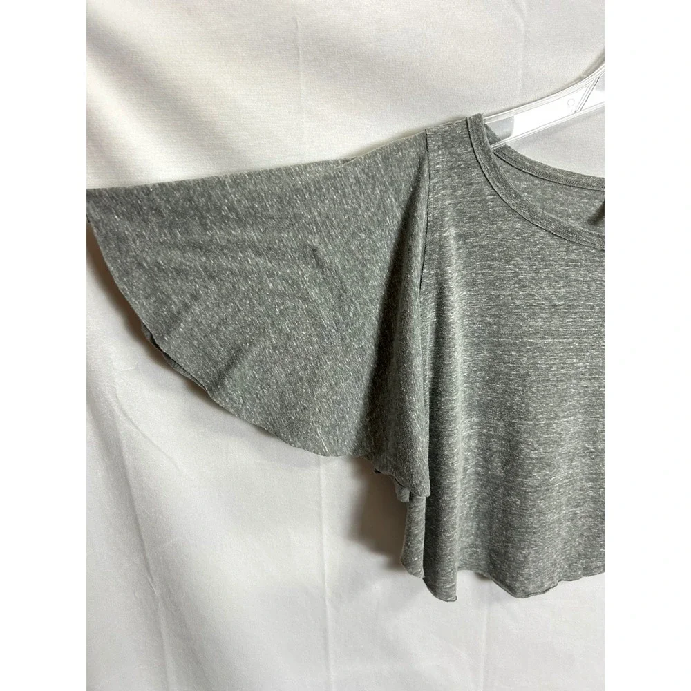 FP Movement Free People Gray Flutter Sleeve Crop Top Large Scoop Neck Boxy Tee - Picture 8 of 9